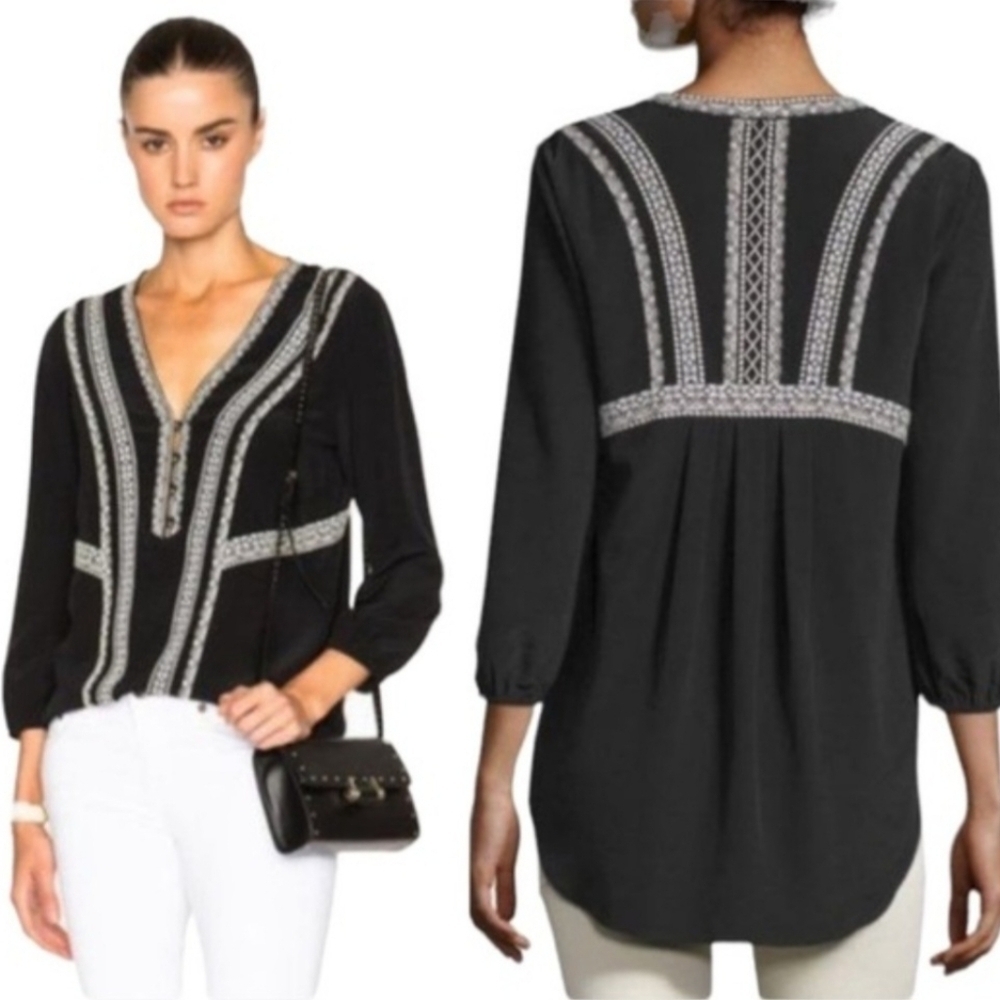 Veronica Beard 100% Silk Embroidered Tunic Black White Boho Peasant Blouse Sz 8